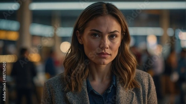 Fototapeta A woman with wavy hair and a serious expression stands in a busy urban cafe, surrounded by a blurred, bustling background.
