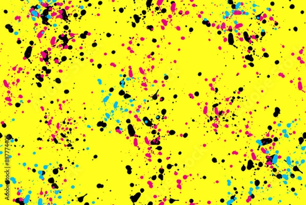 Fototapeta Blots are black, pink, blue on yellow background. Abstract watercolor paint drops. Seamless pattern