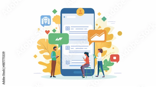 Fototapeta Graphic illustration of a cellphone and people doing business