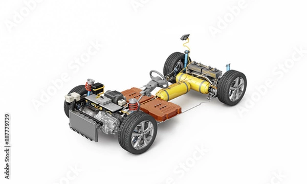 Fototapeta Hydrogen car technical under carriage 3D rendering.