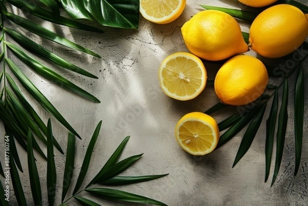 Fototapeta Whole and sliced lemons with green palm leaves on a textured background under soft light.