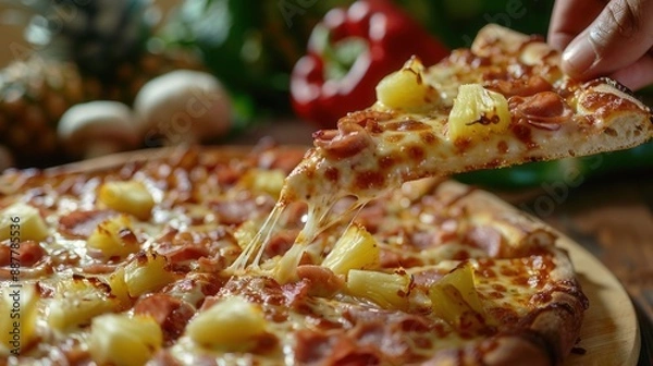 Fototapeta Closeup macro view of fresh pineapple pizza closeup view