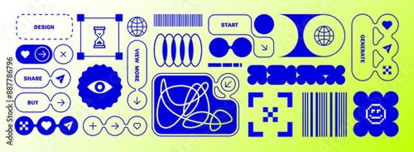 Fototapeta Y2k elements. Objects for composition. Trendy stickers. Flat design. Cyber funky style, 90s. Brutalist abstract shapes. Neon background, zine aesthetic. Vectored shapes, retro vibes. blue monochrome