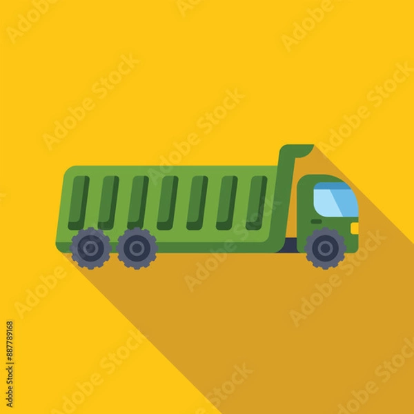 Fototapeta Green tipper truck transporting building materials on a construction site, flat design icon with long shadow