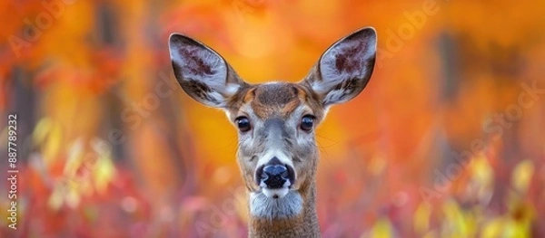 Fototapeta A doe capreolus capreolus gazes at the camera from the colorful autumn forest providing a serene image with a background suitable for additional text