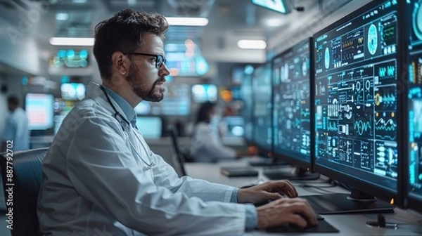 Obraz Scientist analyzing complex data on multiple monitors in a high-tech research lab with advanced technology and innovative solutions.