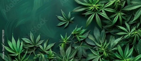 Fototapeta Top down view of green marijuana leaves on a green backdrop with copy space image