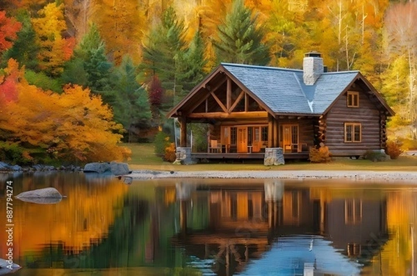 Obraz Water reflection of a log cabin the woods