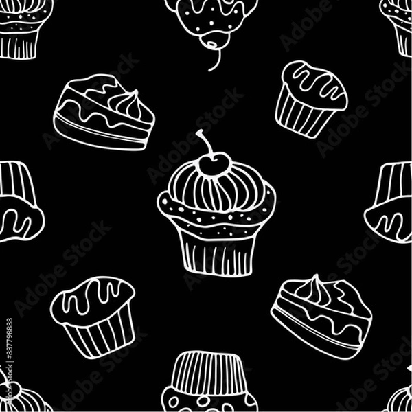 Fototapeta Cupcakes doodles repeat pattern, a chalkboard style seamless background with hand-drawn muffins, a white-on-black drawing
