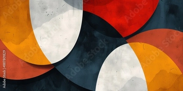 Fototapeta Colorful abstract geometric art featuring overlapping bold circles in red, yellow, white, and black on a textured background.
