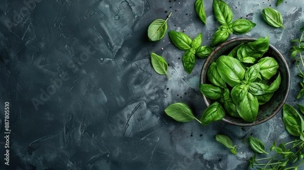 Fototapeta Fresh Basil Leaves on a Rustic Background