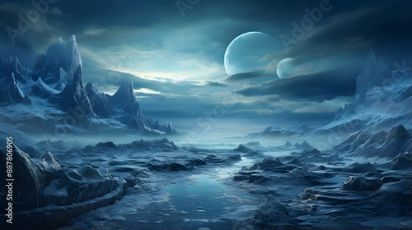 Fototapeta An icy river snakes through the canyons of an alien moon. Two moons are visible in the cloudy twilight sky.