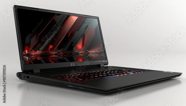 Obraz Black Gaming Laptop With Red Backlit Keyboard On White Background
