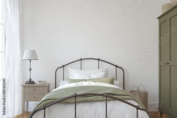 Obraz Modern farmhouse bedroom. 3d render.