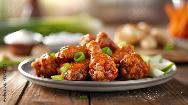 Fototapeta A platter of crispy chicken wings drizzled with buffalo sauce.