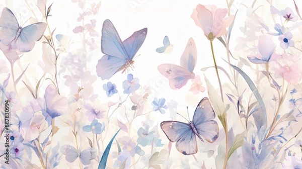 Fototapeta Watercolor painting of a field of flowers with butterflies with copy space text for nature, spring, and floral design.