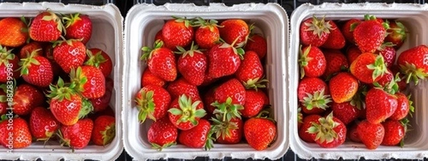 Fototapeta Strawberries in boxes on the store counter. Selective focus.
