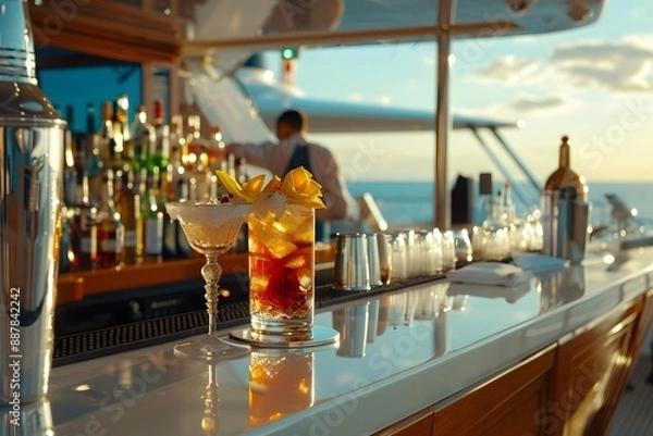 Obraz Close-up of a luxury yacht's bar area with fine drinks and a professional bartender