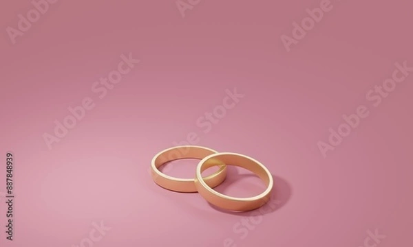 Fototapeta Two gold wedding rings on a pink background, symbolizing love. 3d rendering 