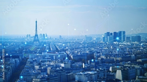 Obraz Eiffel Tower Skyline with Network Connections