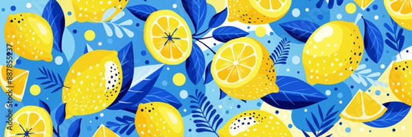 Obraz Cute bright lemon background in yellow and blue colors. Slice of tropical fruits, fresh green leaves, yellow lemons on a blue background. Spring, summer conceptual background. For postcard, banner