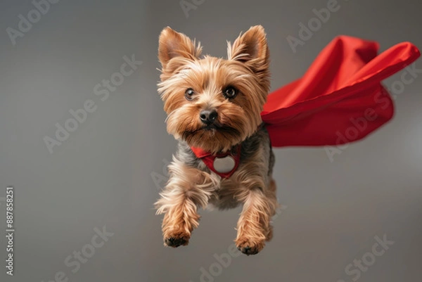 Fototapeta Yorkshire Terrier in a superhero costume is flying in the sky. The tiny hero soars with confidence, cape billowing behind. Fluffy clouds form the perfect backdrop for this charming scene.