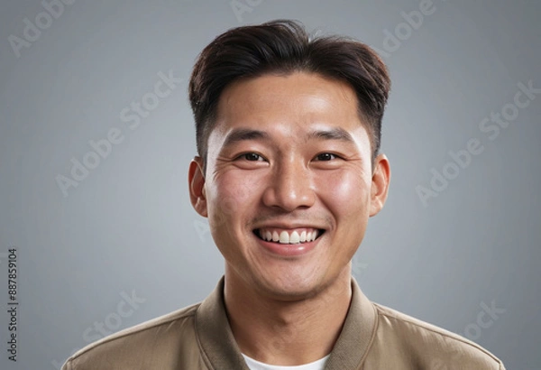 Fototapeta Portrait view of a regular happy smiling North Korea man, ultra realistic, candid, social media, avatar image, plain solid background