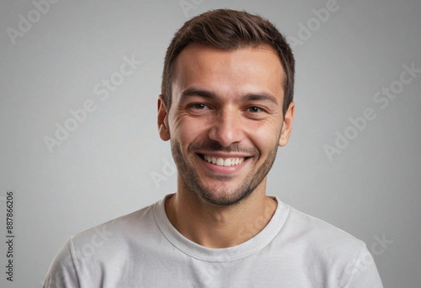 Fototapeta Portrait view of a regular happy smiling Montenegro man, ultra realistic, candid, social media, avatar image, plain solid background
