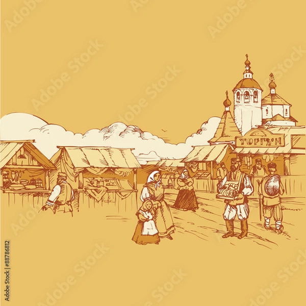Obraz Russian old fair bazaar vector drawing