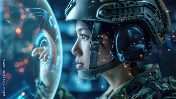 Fototapeta Female Military Operative Using AI for Weaponry and Cyber Security