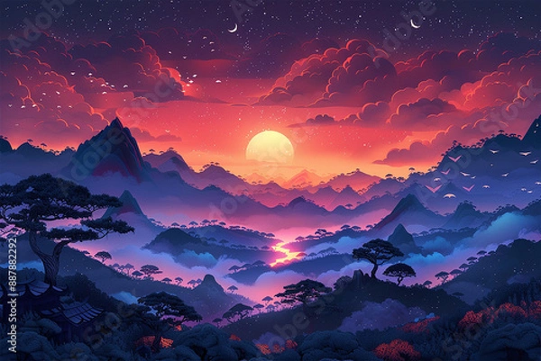 Obraz 3D landscape Illustration of a wonderful the scene in the style of origami.