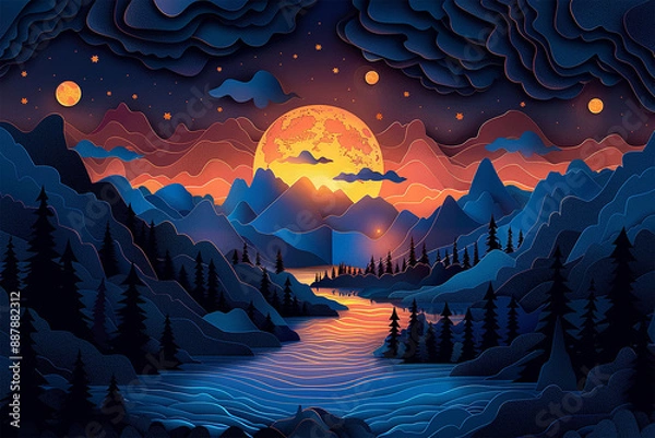 Obraz 3D landscape Illustration of a wonderful the scene in the style of origami.