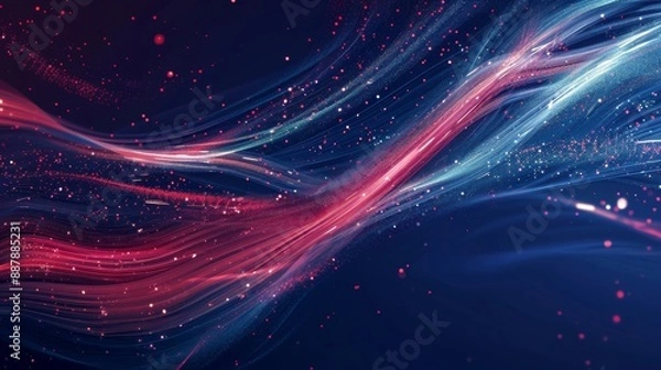 Fototapeta Blue background with swirling lines and glowing star-like particles