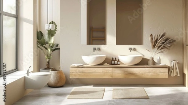 Fototapeta A bathroom with a large mirror and two sinks