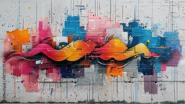 Fototapeta Colorful urban graffiti art painted on a brick wall, featuring dynamic shapes and vibrant splashes of paint.