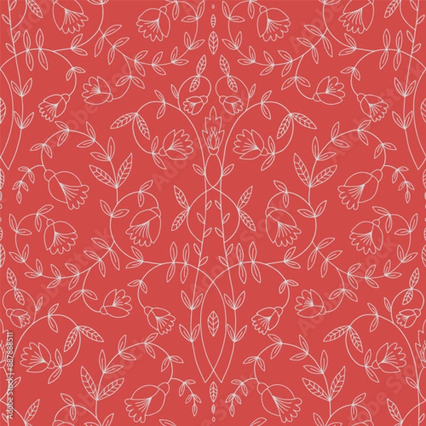 Obraz Floral hand drawn art nouveau pattern on red background.