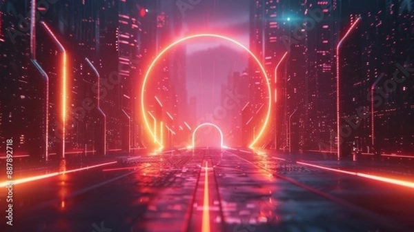 Fototapeta Futuristic Neon Cityscape with Glowing Arches