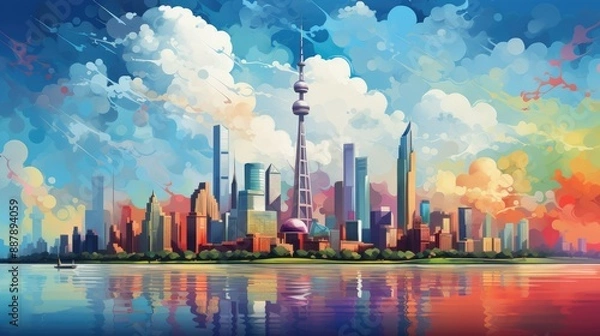 Fototapeta Sunny day illuminating colorful city skyline