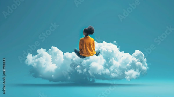 Fototapeta A woman sitting on a cloud in the sky, looking upwards.
