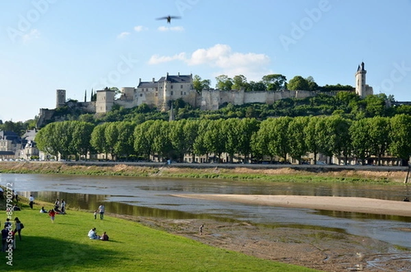 Obraz Banks of Vienne river, old stone bridge and castle view,, Chinon, France