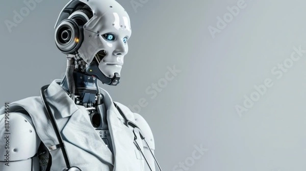 Fototapeta A robot with a white lab coat and a stethoscope on its chest