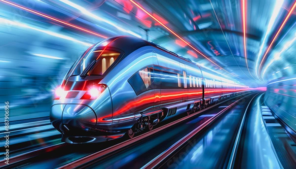 Fototapeta Cutting-edge high-speed train zoom through neon lit tunnel, stream shape, glossy exterior