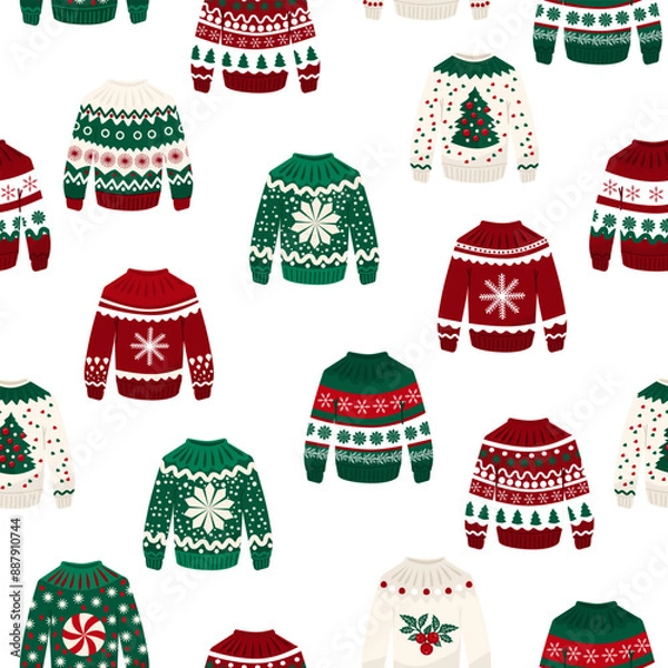 Obraz Vector set of ugly Christmas sweaters in red and green colors. Sprig of mistletoe, snowflake, Christmas tree, seamless patterns.