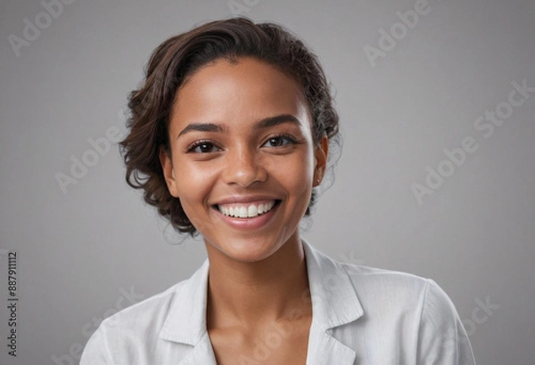 Fototapeta Portrait view of a regular happy smiling Cabo Verde woman, ultra realistic, candid, social media, avatar image, plain solid background