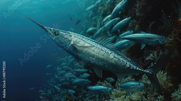 Fototapeta Underwater view of a swordfish hunting in a school of sardines