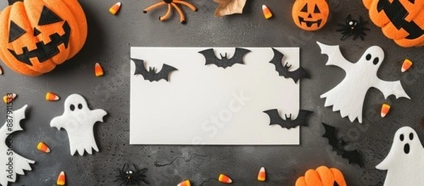 Fototapeta Halloween themed flat lay decorations set on a neutral gray surface including a blank greeting card mockup with ample copy space amidst various spooky felt crafted characters like bats ghosts and spid