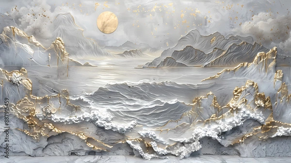 Obraz Volumetric stucco molding on a concrete wall with silver and gold elements. sea ​​and mountain landscape