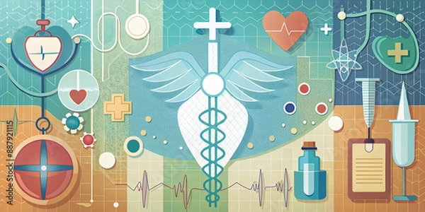 Fototapeta A comprehensive illustration of various medical tools and equipment, showcasing essential instruments used in healthcare, ideal for educational or medical-themed content