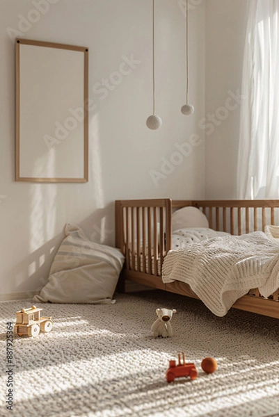 Fototapeta Poster frame mockup in kid’s room with wooden bed and some toys on the floor, 3d render.