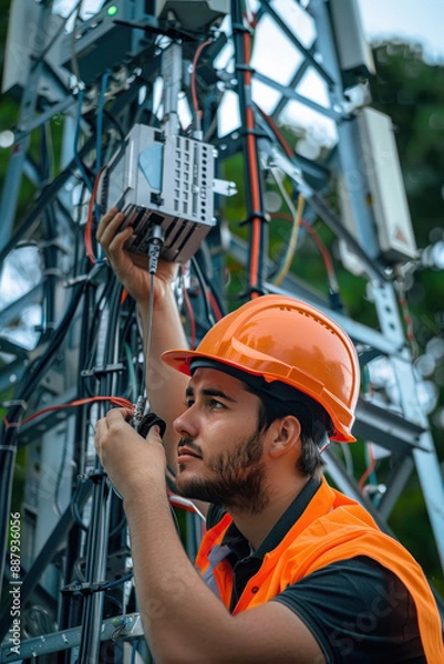 Fototapeta male engineer works in the field with a telecommunication tower that controls cellular electrical installations to inspect and maintain 5G networks